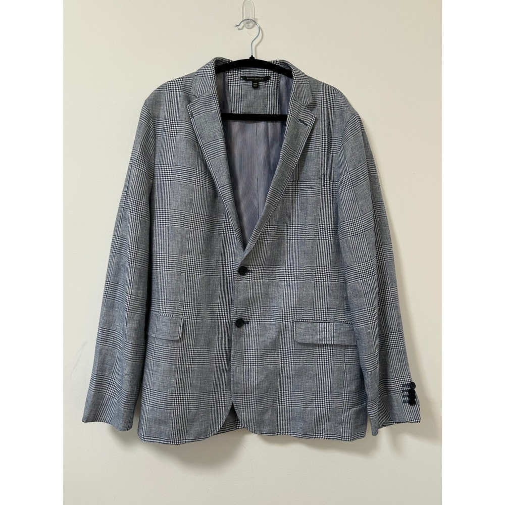 Banana Republic Mens 44R Blue Plaid Linen Blend Sport Coat Blazer Jacket‎